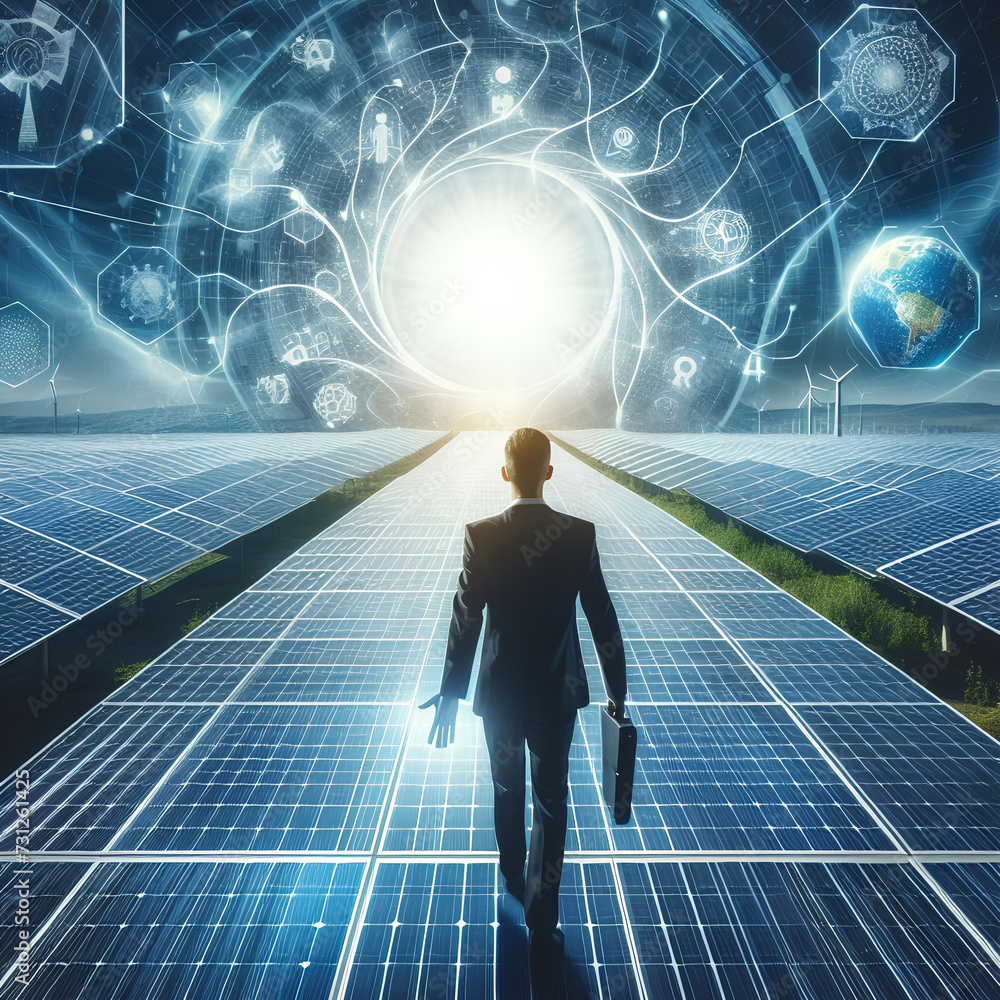 Obraz premium young manager an operation of sun and cleanliness on field of photovoltaic solar panels on a sunset. Concept:renewable energy, technology, electricity, service, green, future