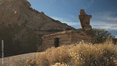 Low angle view approaching abandoned Swasey Cabin / Utah, United States photo