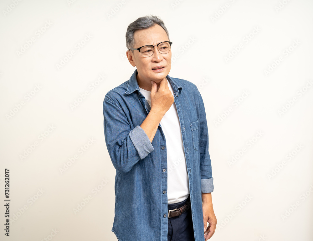 Old man senior have throat irritation mucus and coughing. Fever headache respiratory tract infection. Mature man unhealthy Sickness need to consult a doctor and get treatment. Old man senior have throat irritation mucus and coughing. Fever headache respiratory tract infection. Mature man unhealthy Sickness need to consult a doctor and get treatment.