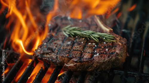 Ribeye Steak on Grill with Fire close-up