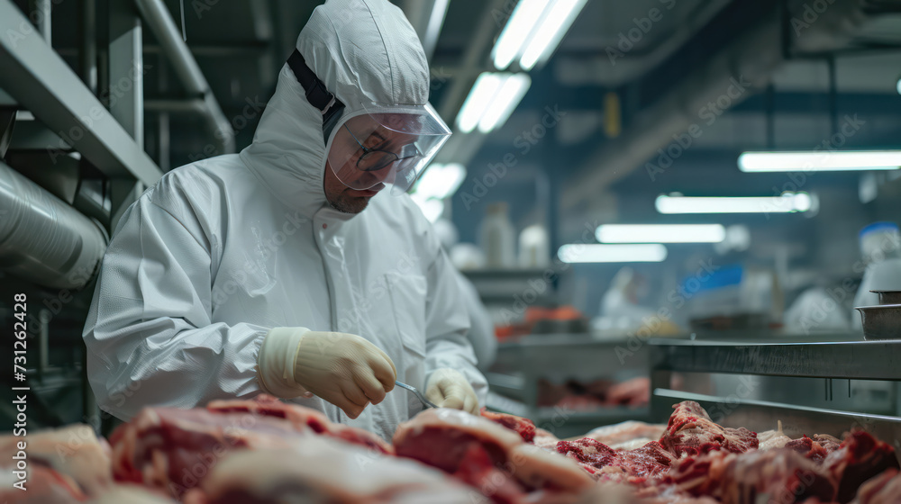 The butcher wearing ppe suit inspects the beef in the curing facility