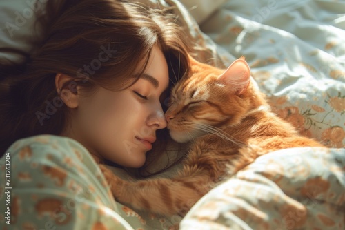 Young caucasian brown-haired woman and orange cat sleep together in bed facing each other, close-up. Concepts: love, care, warmth, serenity, lazy morning, comfort, home