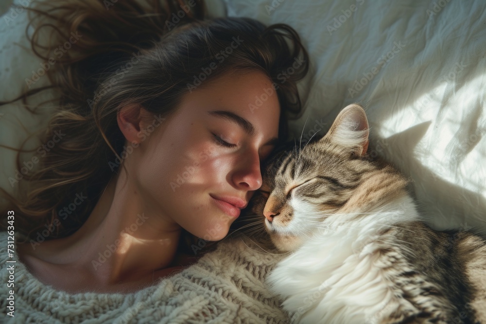 Young brunette woman in knitted sweater and an fluffy gray cat sleep together in bed, close-up. Concepts: lazy morning, comfort, home, love, care, warmth, serenity Young brunette woman in knitted sweater and an fluffy gray cat sleep together in bed, close-up. Concepts: lazy morning, comfort, home, love, care, warmth, serenity