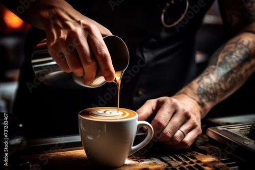 A barista skillfully pouring milk into a latte, creating intricate latte art on the surface