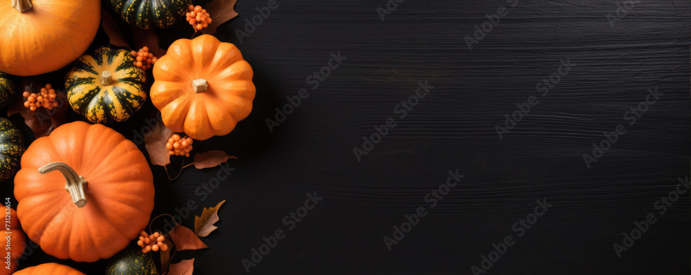 Halloween party decorations pumpkins on dark background top view. Free space for text Halloween party decorations pumpkins on dark background top view. Free space for text