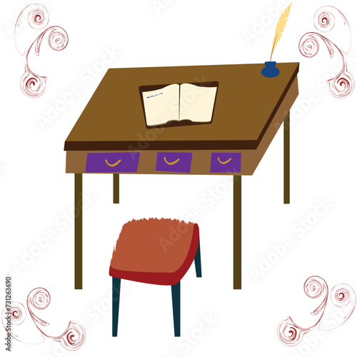 Illustration of open notebook on a table with a single stool photo