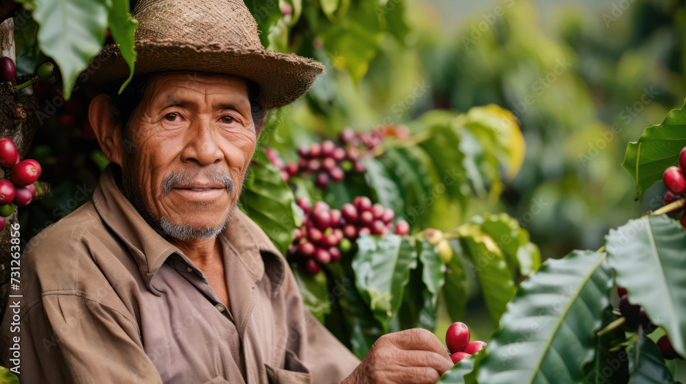 Guatemala farmer male harvesting coffee, field