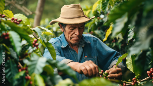 Guatemala farmer male harvesting coffee, field