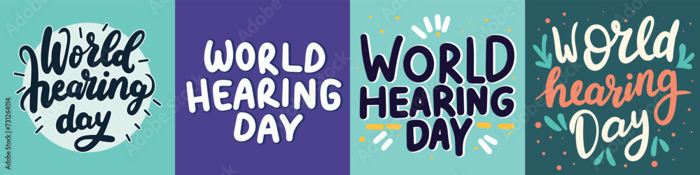 Collection of text banners World Hearing Day. Handwriting inscriptions set World Hearing Day. Hand drawn vector art Collection of text banners World Hearing Day. Handwriting inscriptions set World Hearing Day. Hand drawn vector art