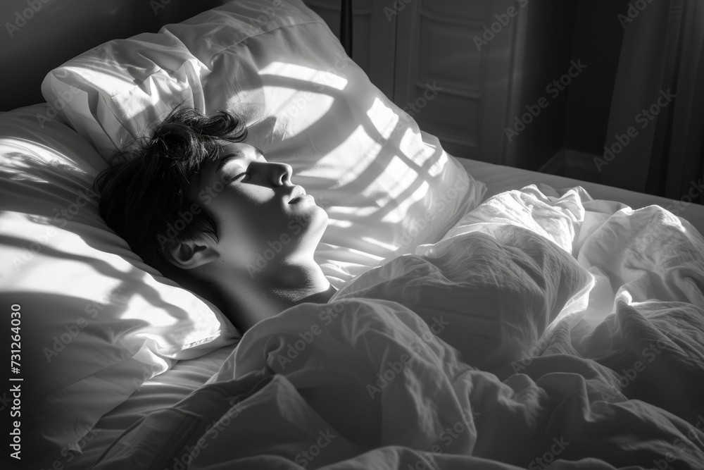 Young man with dark hair sleeping in bed Young man with dark hair sleeping in bed