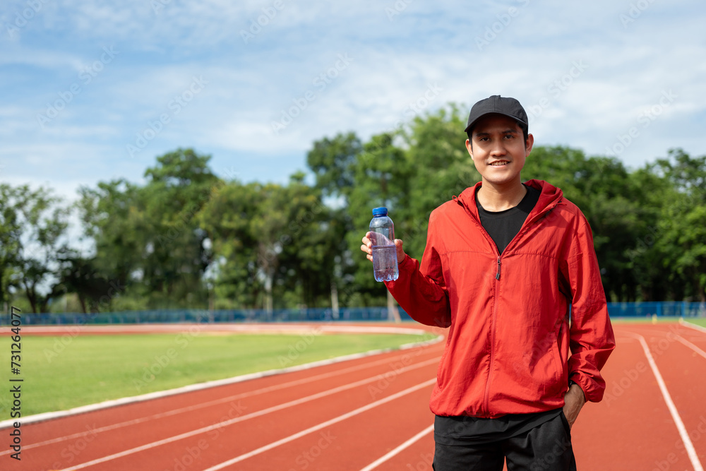 Naklejka premium Handsome indian man drinking water after workout exercising in the stadium. Young asian man drinking water after jogging running outdoor at running track. Healthy and active lifestyle concept.