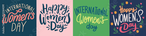 Collection of text banners International Women's Day. Handwriting inscriptions set Happy Women's Day. Hand drawn vector art