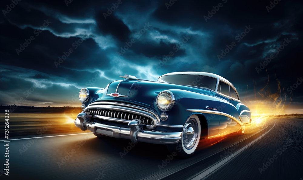 Vintage beautiful car in movement with amazing background