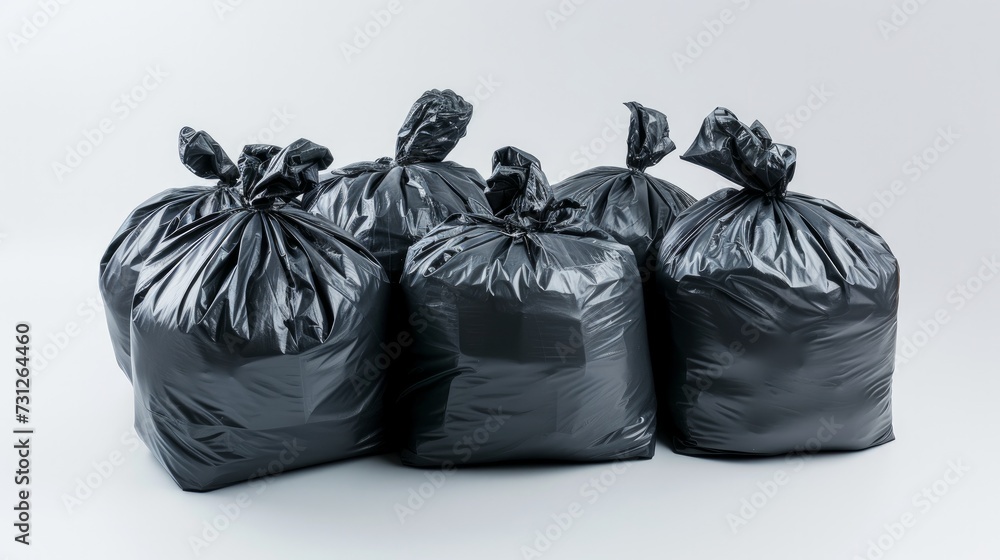 A multitude of garbage bag rolls on a white background