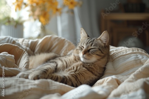 Sleepy and lazy gray tabby domestic cat lying at home in a human bed and takes a nap, calm, serene and cozy atmosphere