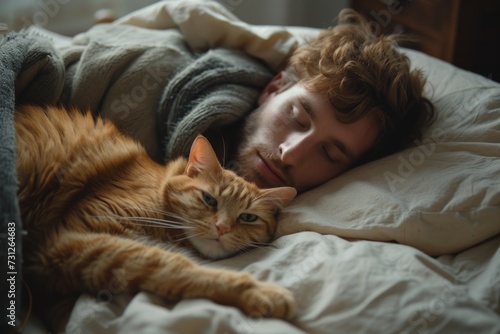 A young man and an orange tabby cat sleep together in bed, covered with warm woolen blankets, wearing warm clothes. Concepts: cold, heating, lazy morning, comfort, home, love, care, warmth, calm
