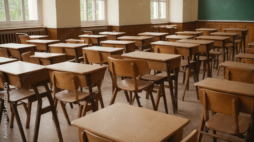 old-fashioned classroom featuring rows of wooden desks and chairs facing a clean, empty green chalkboard, indicative of a break in lessons or the end of a school day