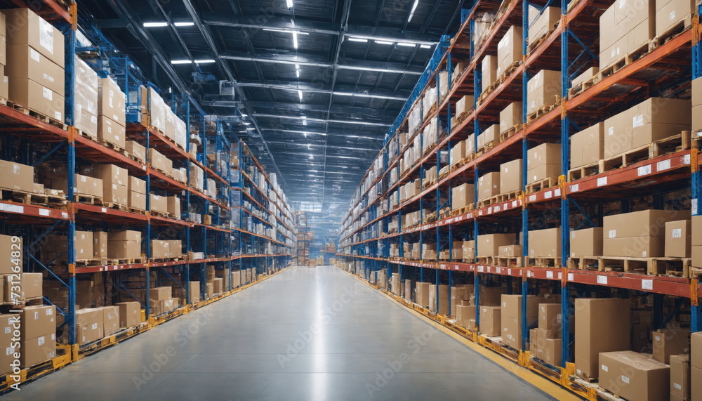 a large, well-organized warehouse with high shelves full of boxes, highlighting an efficient storage system.
