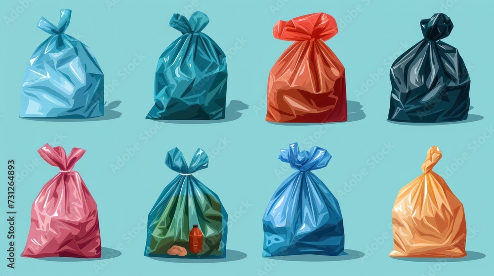 A vector illustration showcasing various full and tied refuse plastic sacks, also known as refuse sacks or plastic trash bags A vector illustration showcasing various full and tied refuse plastic sacks, also known as refuse sacks or plastic trash bags