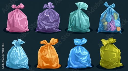A vector illustration showcasing various full and tied refuse plastic sacks, also known as refuse sacks or plastic trash bags