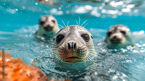 Group of seals swimming in the pool. Shallow depth of field. 
