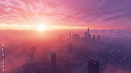 city skyline expanding into the horizon  viewed from a high vantage point at dawn  with skyscrapers bathed in the early morning light