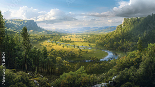 panoramic view of a lush forest valley expanding into the horizon  with a river meandering through and a diverse array of wildlife visible