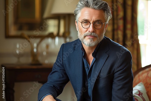 A distinguished senior man, dressed in a tailored suit and dress shirt, stands confidently against a wall, his glasses adding an air of sophistication to his appearance as he exudes timeless style an