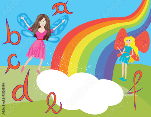 Fantasy wallpaper for children with rainbow, fairies and letters