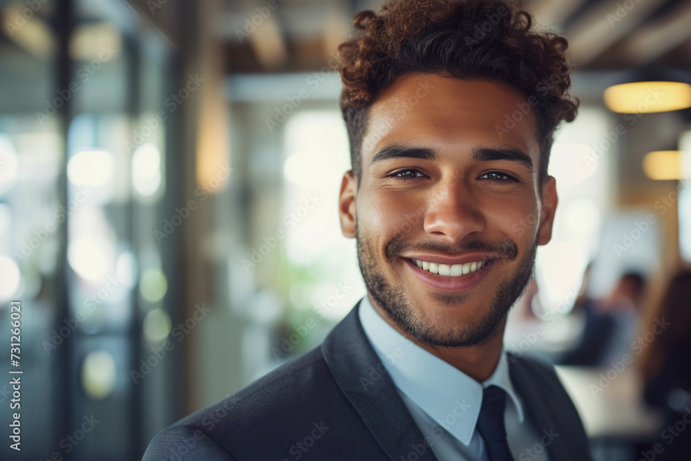 ambitious young adult in a sharp suit, smiling confidently at the camera, with a bustling corporate office setting in the background ambitious young adult in a sharp suit, smiling confidently at the camera, with a bustling corporate office setting in the background