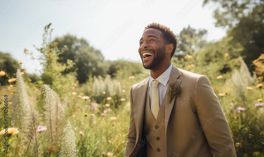 Happy groom after wedding day at green park. Husband lifestyle happyness