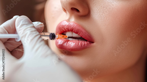 Beautiful young woman getting cosmetic, botox injection in lips, closeup. Doctor makes injection with a syringe in beauty salon.