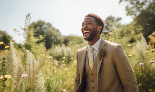 Obraz na płótnie Happy groom after wedding day at green park. Husband lifestyle happyness w salonie