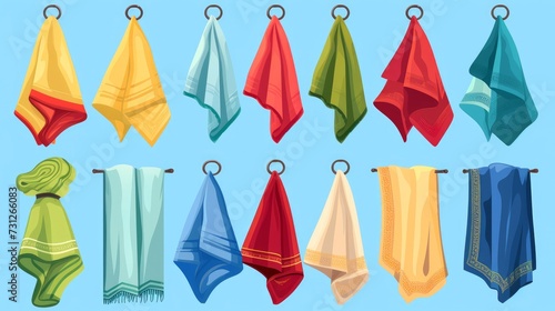 Cartoon fabric towels hanging on rings, rolled color cloth towels, and folded towel vector illustration set depicting various bath towels. These towels are used for hygiene in the bathroom