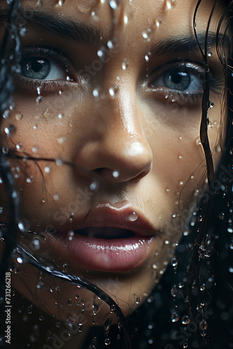 Face of a beautiful woman in raindrops. Streams of water flow down face of beautiful woman. Beauty face. Fashion model and water. Fashion concept. © Vladimir Sazonov