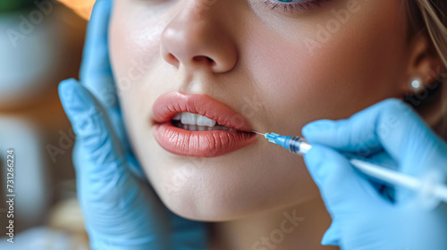 Beautiful young woman getting cosmetic  botox injection in lips  closeup. Doctor makes injection with a syringe in beauty salon.
