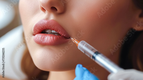 Beautiful young woman getting cosmetic, botox injection in lips, closeup. Doctor makes injection with a syringe in beauty salon.