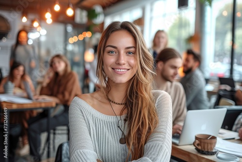 A joyful woman sitting in a cozy restaurant, beaming at the camera while surrounded by furniture and a laptop, exuding confidence and warmth in her stylish clothing