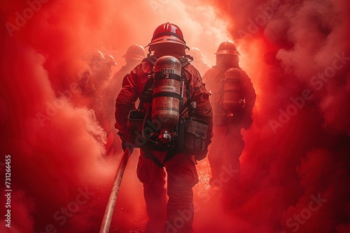 Captured in silhouette, heroic firefighters battle raging flames, wielding a massive hose that sprays water amidst thick red smoke. The low-angle shot adds intensity to the dynamic composition