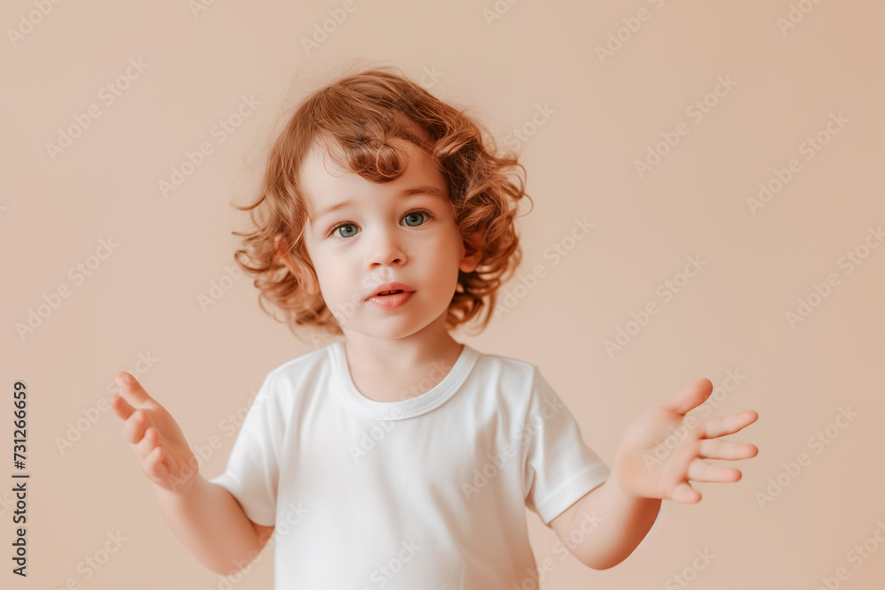 Curly Boy Explaining with Open Arms in Captivating Portrait Curly Boy Explaining with Open Arms in Captivating Portrait