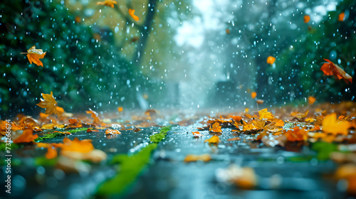 Fallen leaves in the rain. Autumn background. Selective focus. Raindrops on the pavement. Rain in the rainy season. Raindrop on the road in the park.