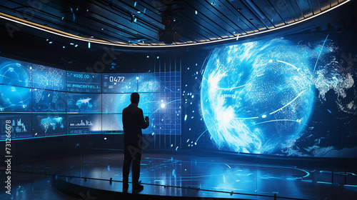 futuristic weather forecast studio, holographic weather maps floating in the air, forecaster interacting with 3D graphics of weather systems, sleek and modern design with ambient lighting, showcasing  photo