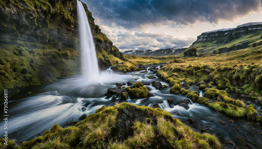 Beautiful Scenic view of waterfall in iceland at sunset. Travel and adventure concept