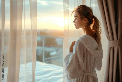 Free Download A contemplative woman in a flowing white robe stands at an indoor window, gazing at the sun as it peeks through the curtains, her presence exuding a sense of serenity and elegance against the backdro - GFXLoad
