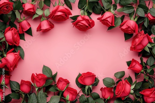 red roses in a circle making a border on a pink background love theme