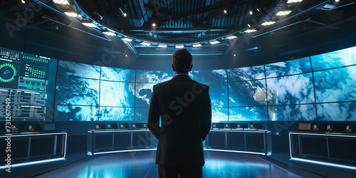 weather forecaster in a modern TV studio, surrounded by high-tech screens showing dynamic weather maps, wearing a sharp suit, engaging and professional, under bright studio lights, with a clean, sleek photo