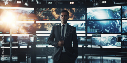 weather forecaster in a modern TV studio, surrounded by high-tech screens showing dynamic weather maps, wearing a sharp suit, engaging and professional, under bright studio lights, with a clean, sleek photo