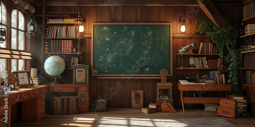 weather forecaster in a cozy, homey set-up, using a chalkboard to explain the weather patterns, warm and inviting lighting, surrounded by books and weather instruments, conveying a friendly and educat