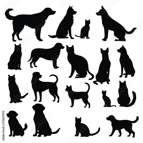 Vector illustration showcasing diverse silhouettes of dogs and cats in various poses against a white background.