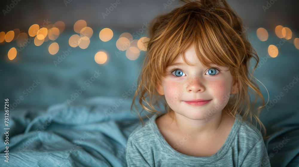 Joyful Toddler Girl with Blue Eyes and a Warm Smile Against a Bokeh Light Background Joyful Toddler Girl with Blue Eyes and a Warm Smile Against a Bokeh Light Background
